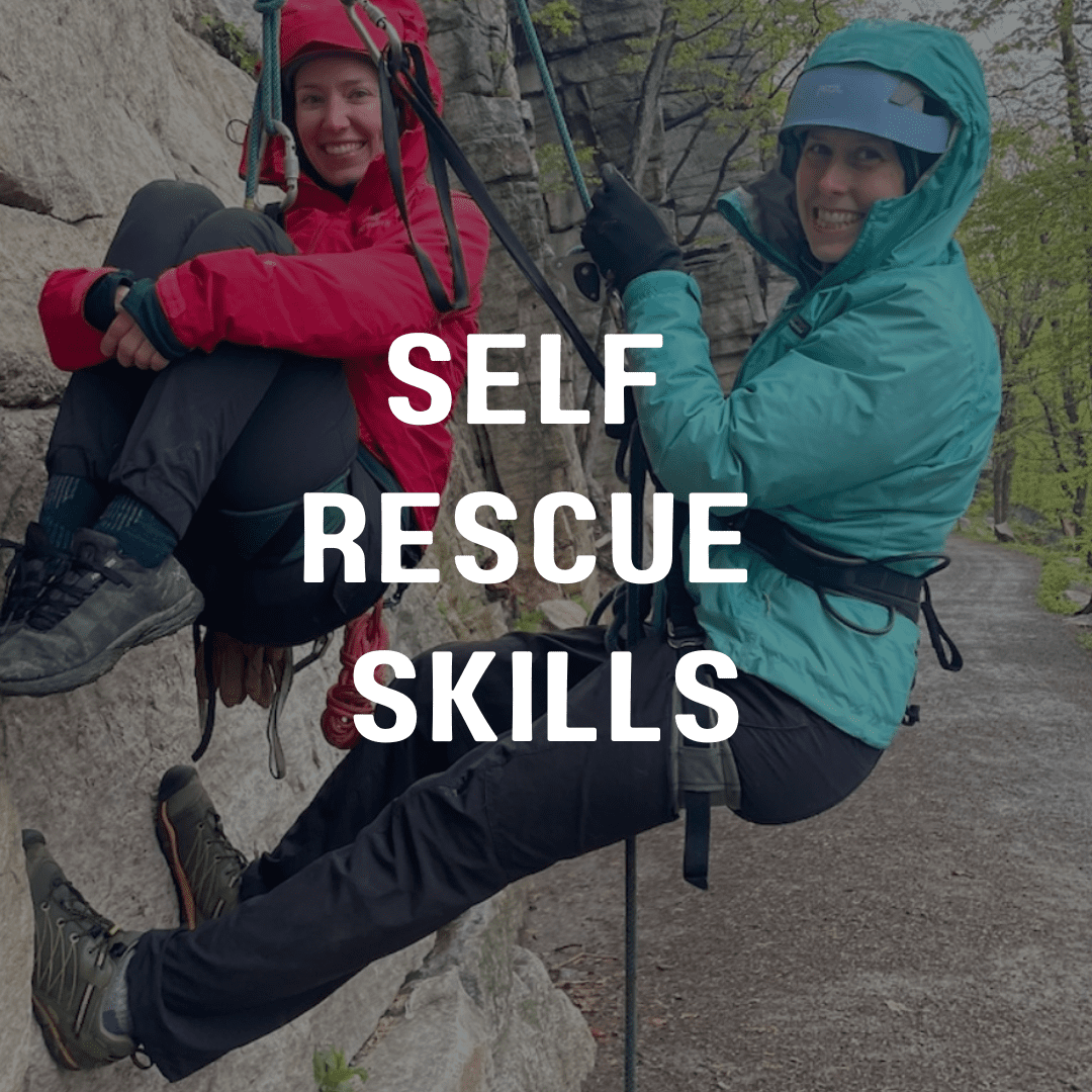Two people on a rock climbing wall with the words self rescue skills in front of them.